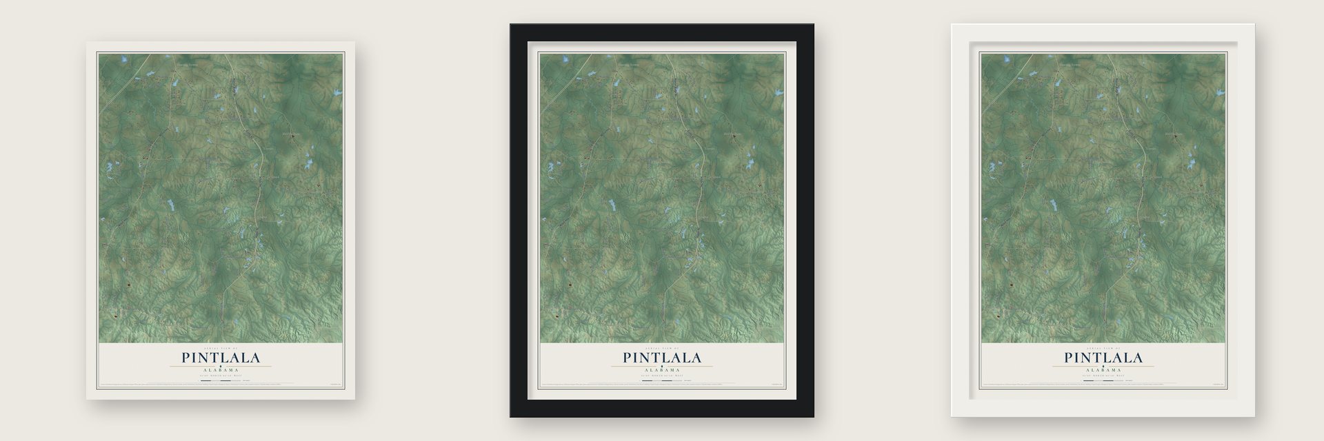 Pintlala, Alabama map unframed, in a black wood frame and in a white wood frame