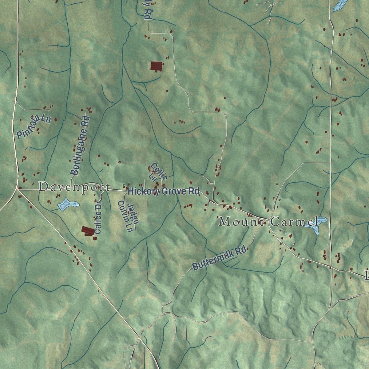 Second close-up of the map of Pintlala, Alabama print showing more streets and buildings