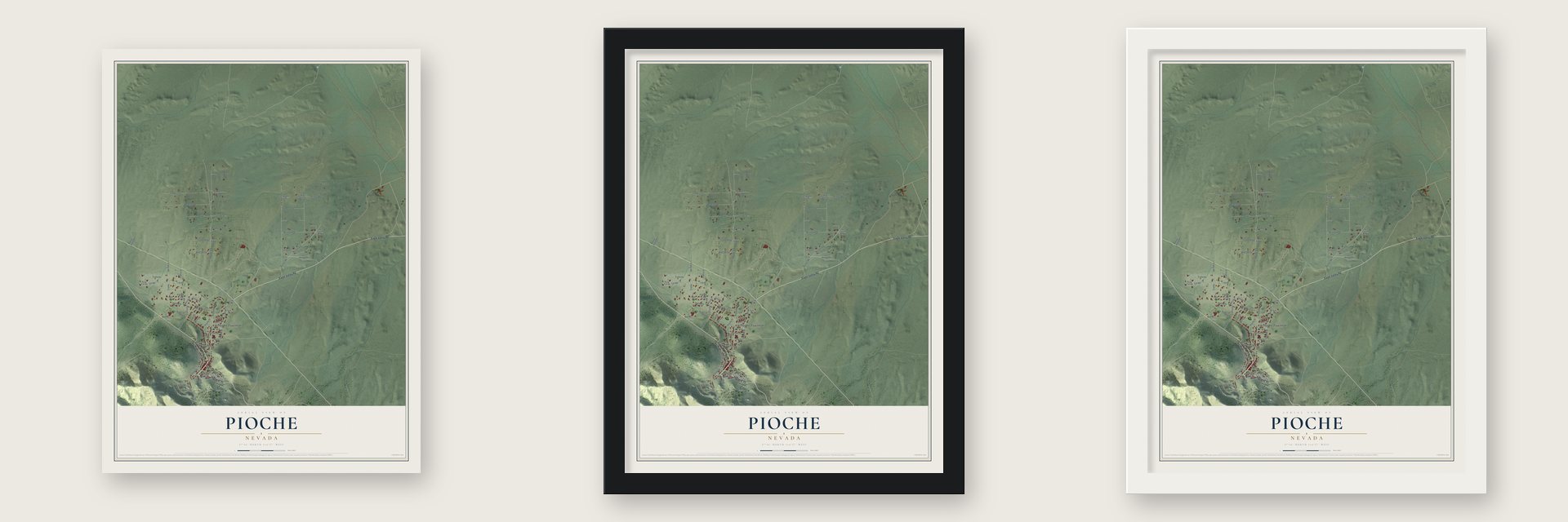 Pioche, Nevada map unframed, in a black wood frame and in a white wood frame