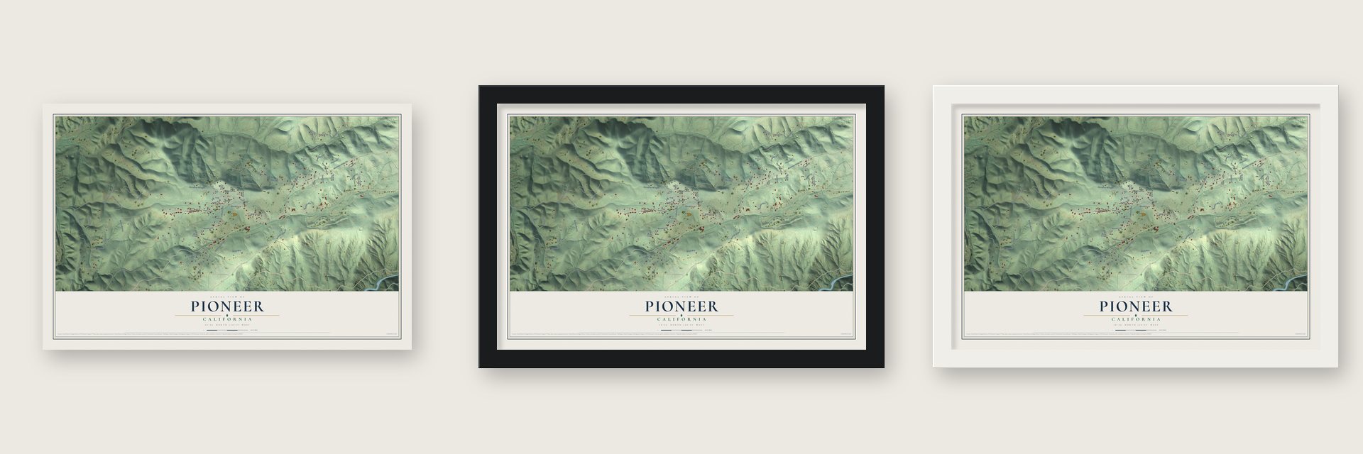 Pioneer, California map unframed, in a black wood frame and in a white wood frame