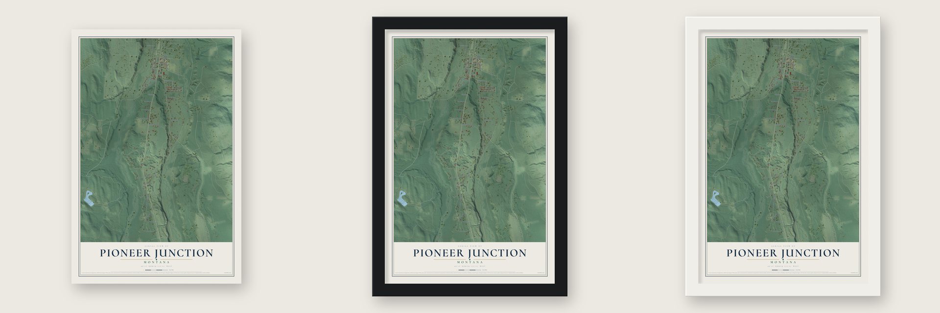 Pioneer Junction, Montana map unframed, in a black wood frame and in a white wood frame