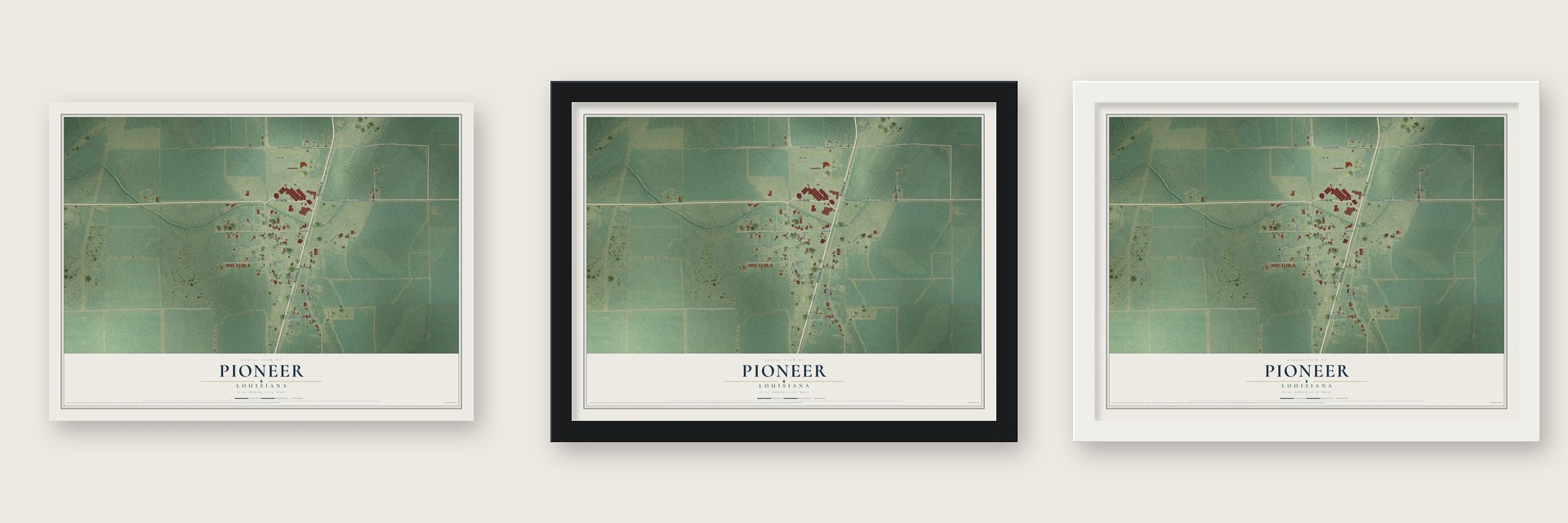 Pioneer, Louisiana map unframed, in a black wood frame and in a white wood frame