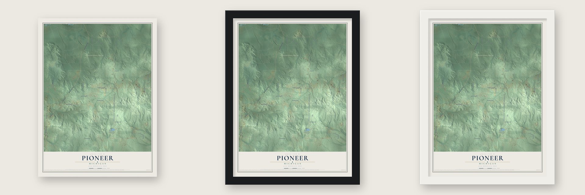 Pioneer, Michigan map unframed, in a black wood frame and in a white wood frame