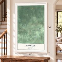 Pioneer, Michigan map, 24 x 36 inch print in a white frame by a staircase