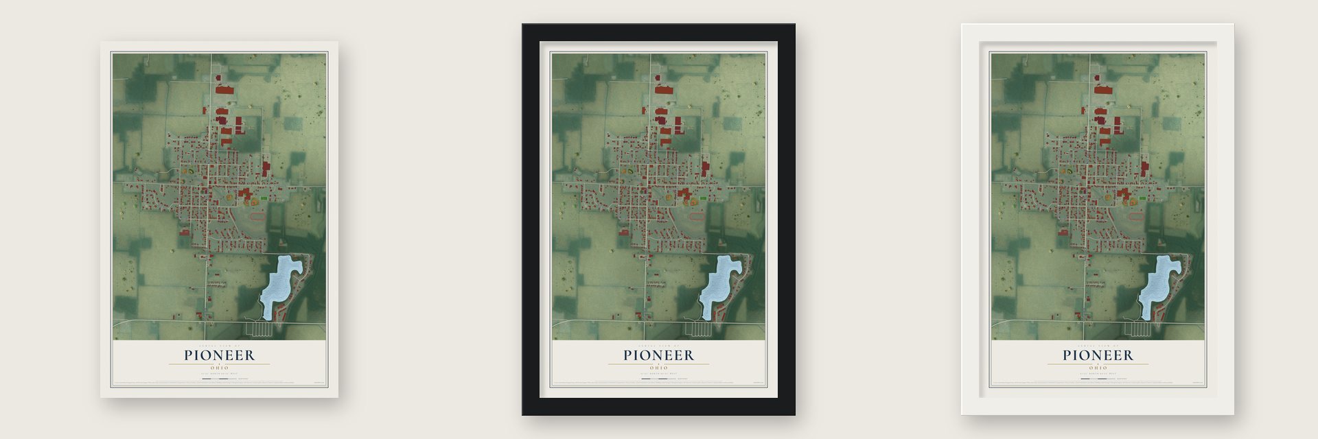 Pioneer, Ohio map unframed, in a black wood frame and in a white wood frame
