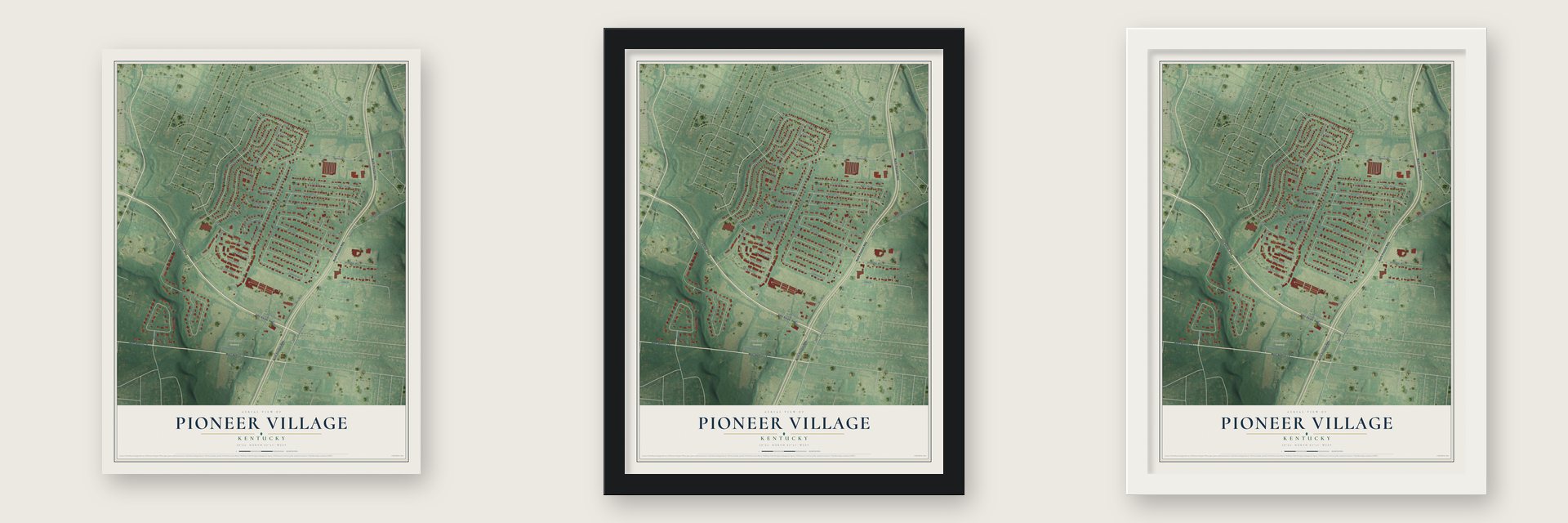 Pioneer Village, Kentucky map unframed, in a black wood frame and in a white wood frame
