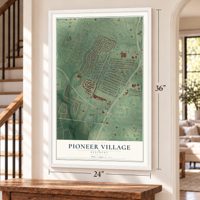 Pioneer Village, Kentucky map, 24 x 36 inch print in a white frame by a staircase