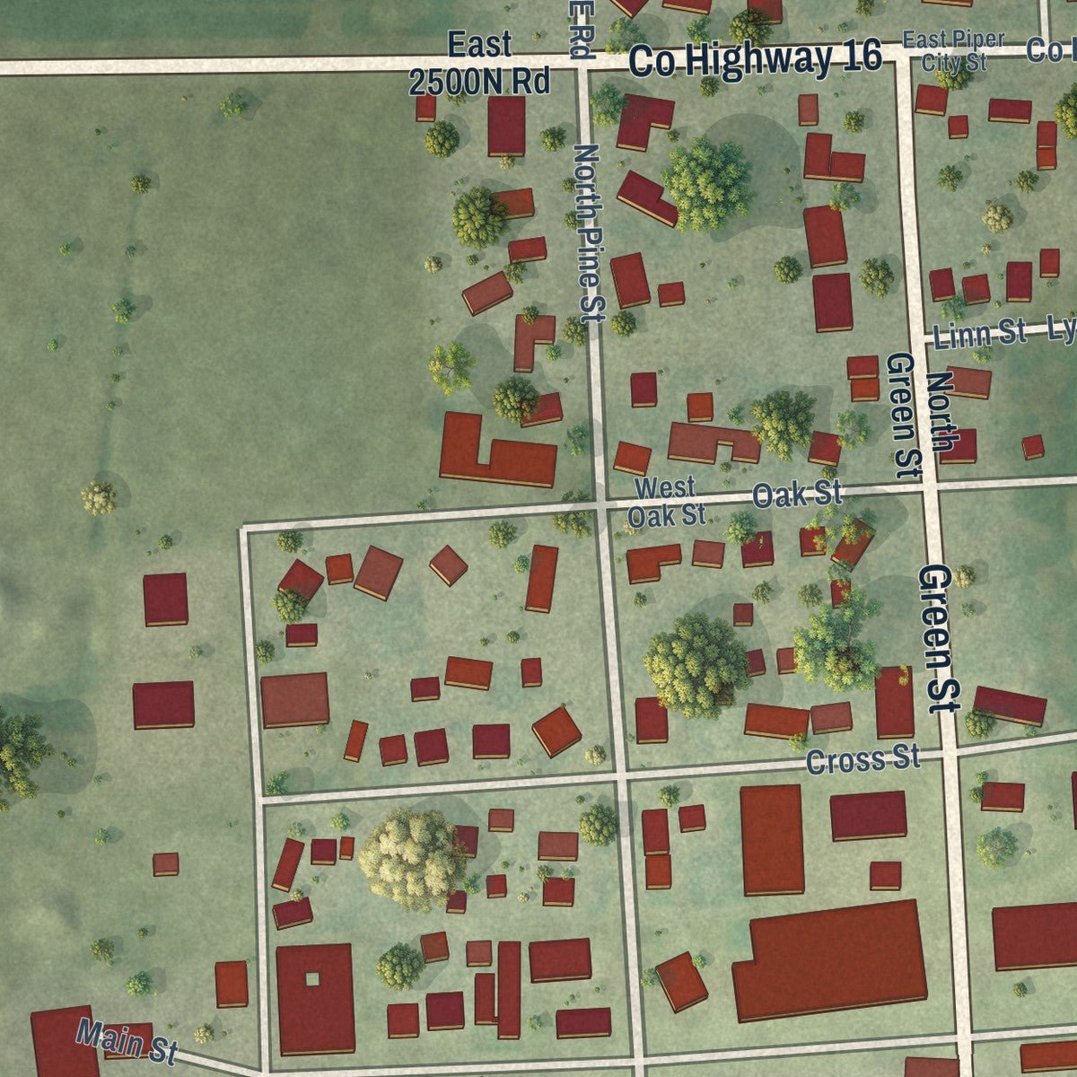 Second close-up of the map of Piper City, Illinois print showing more streets and buildings