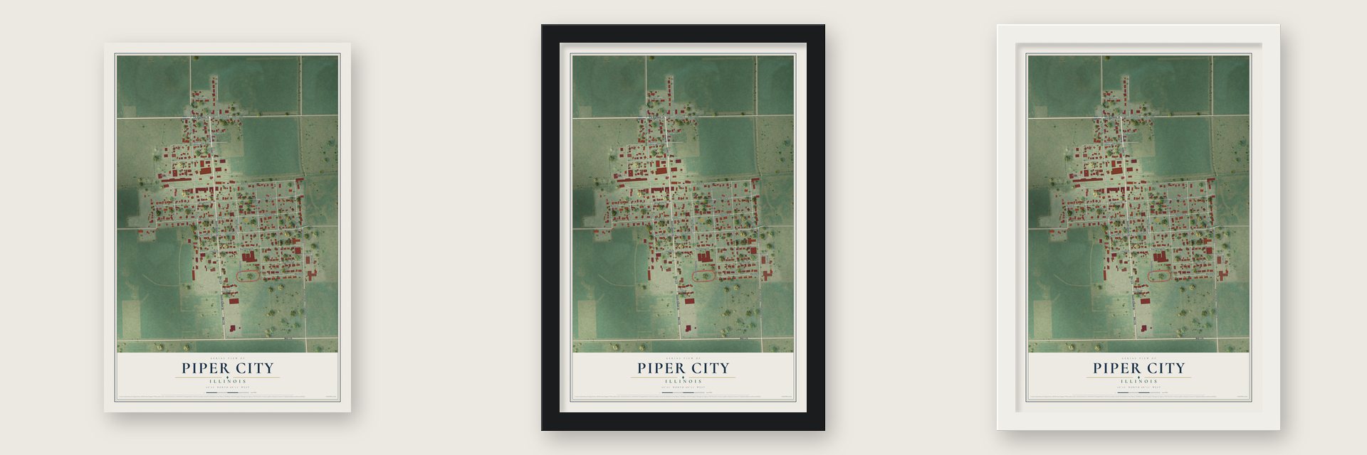 Piper City, Illinois map unframed, in a black wood frame and in a white wood frame
