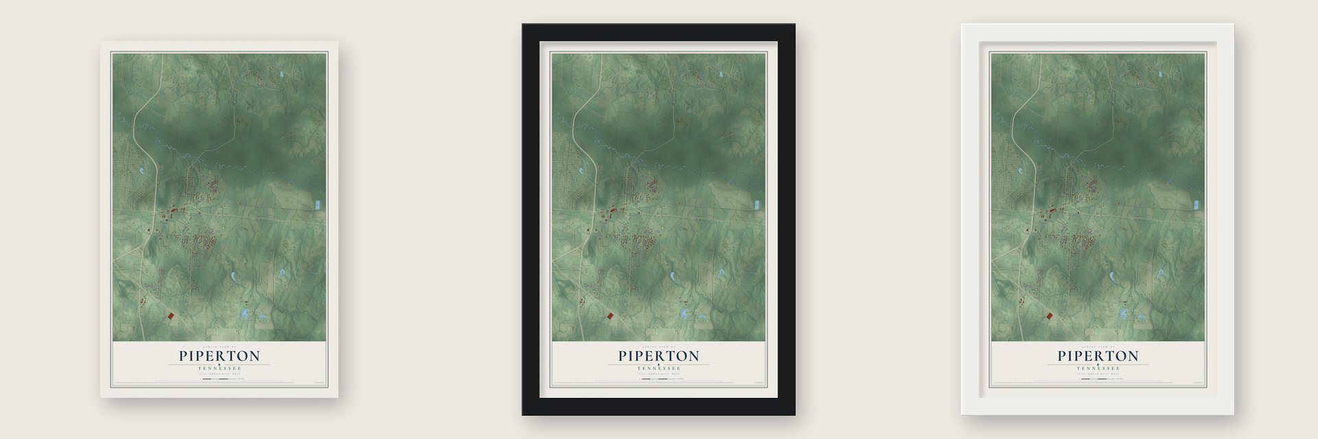 Piperton, Tennessee map unframed, in a black wood frame and in a white wood frame