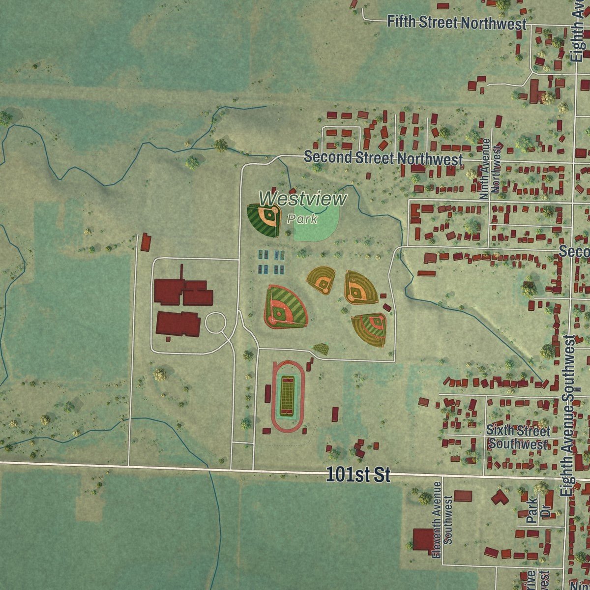 Second close-up of the map of Pipestone, Minnesota print showing more streets and buildings