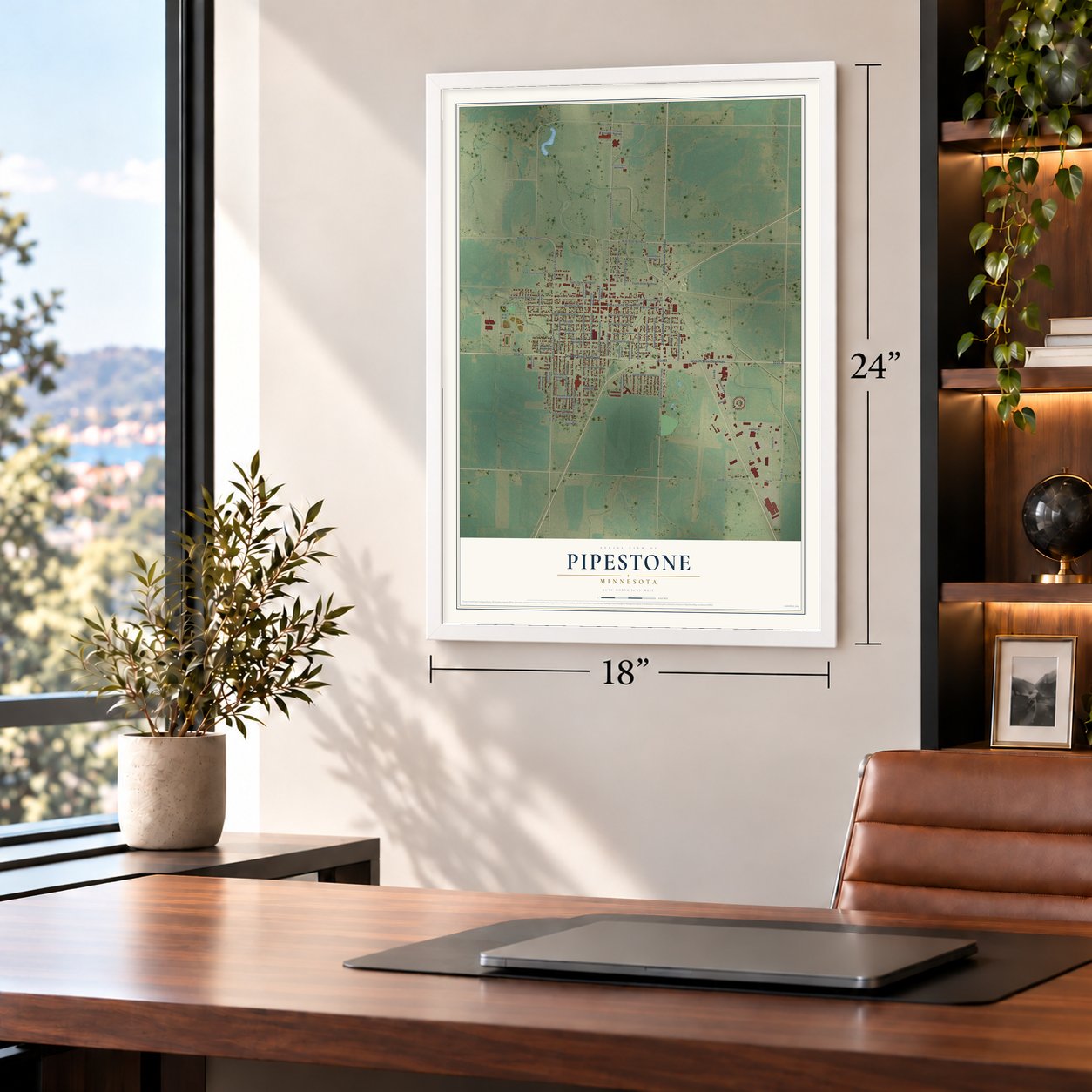 Pipestone, Minnesota map, 18 x 24 inch print in a white frame in a home office
