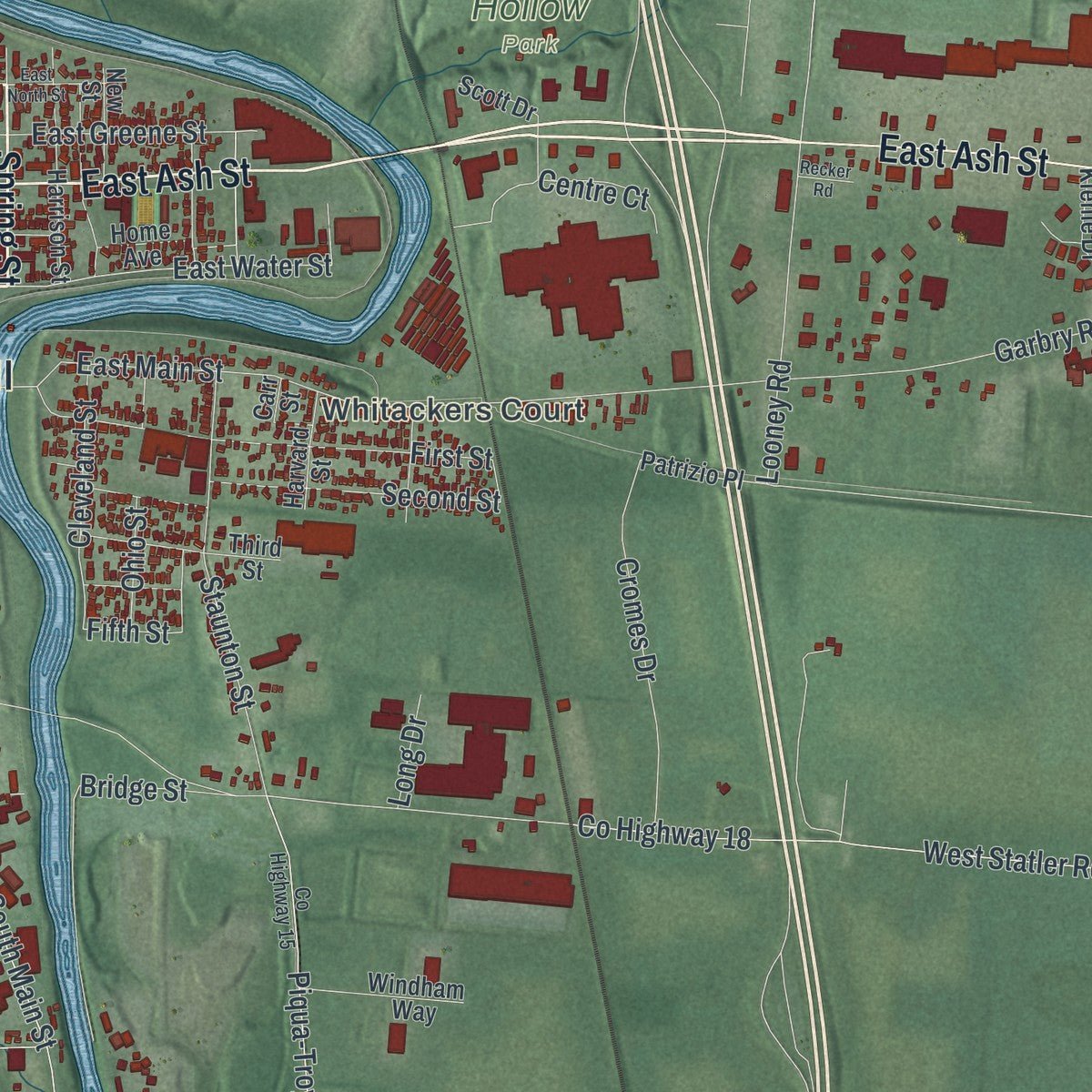 Second close-up of the map of Piqua, Ohio print showing more streets and buildings