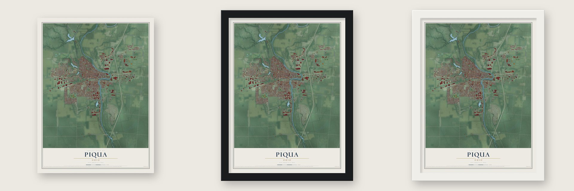 Piqua, Ohio map unframed, in a black wood frame and in a white wood frame