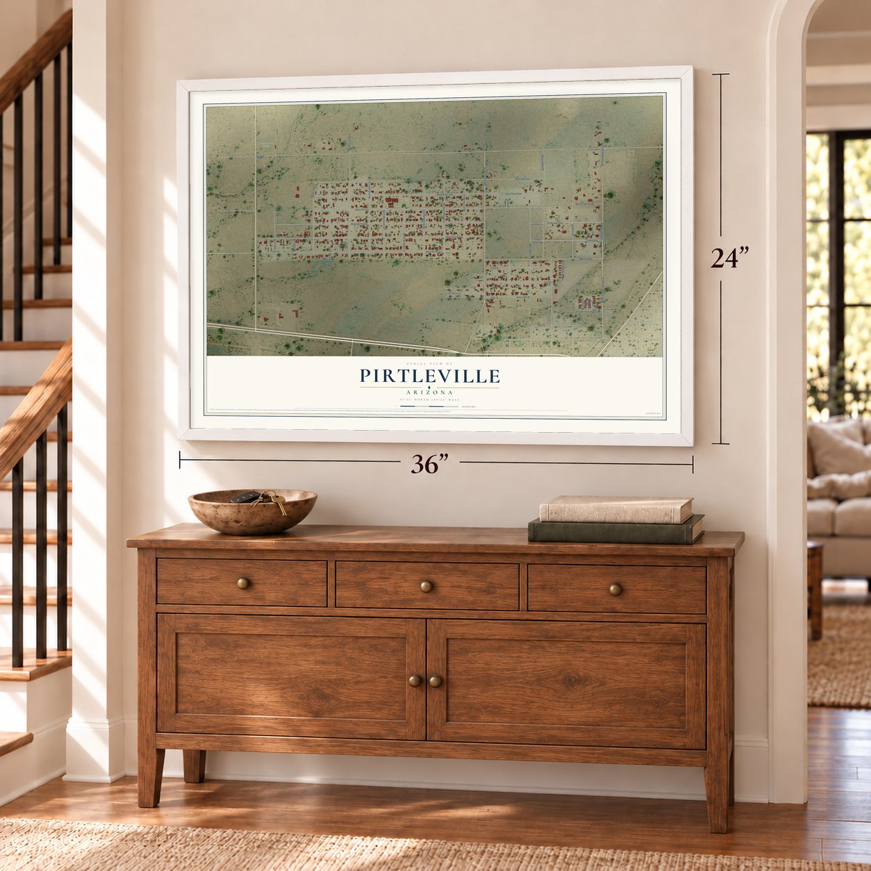 Pirtleville, Arizona map, 24 x 36 inch print in a white frame above a dresser by a staircase