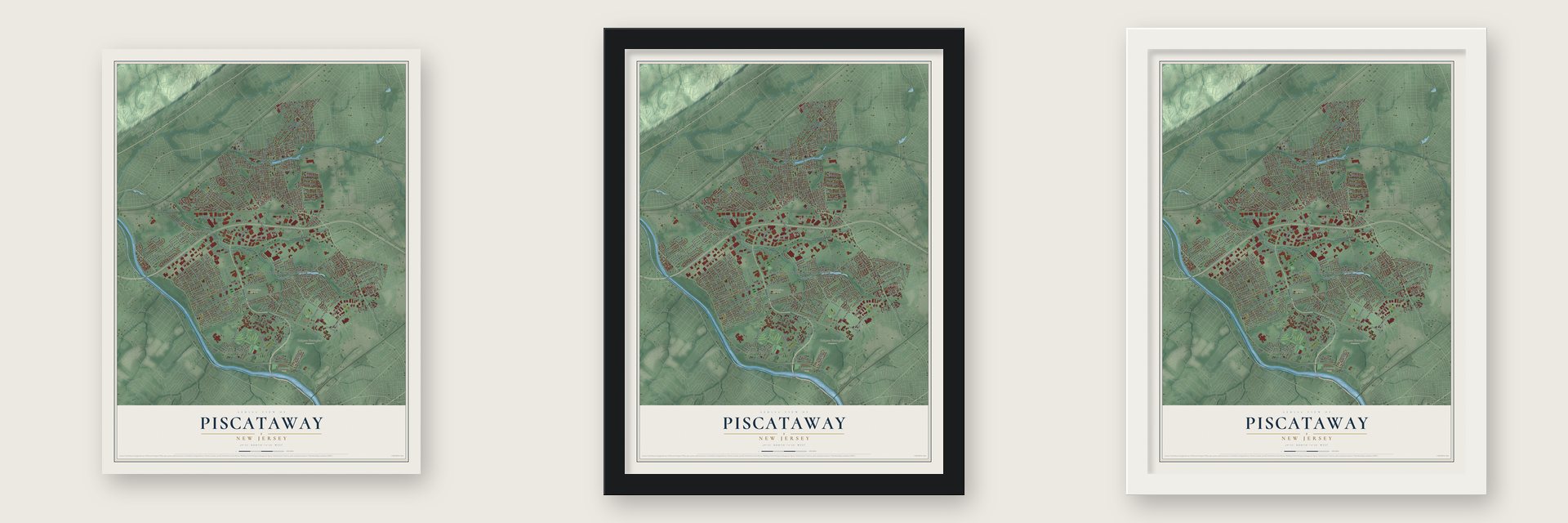 Piscataway, New Jersey map unframed, in a black wood frame and in a white wood frame