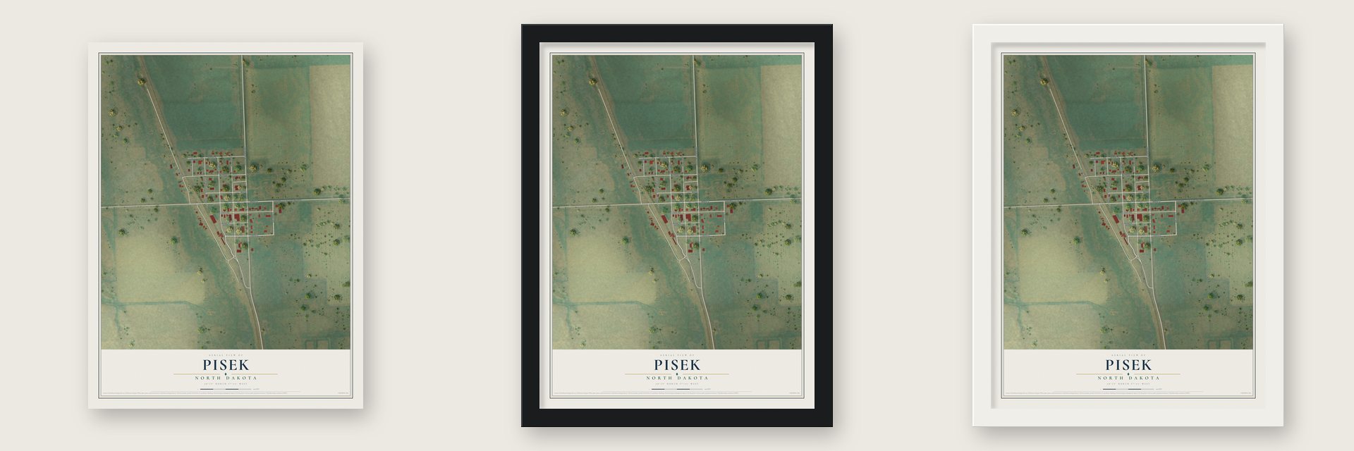 Pisek, North Dakota map unframed, in a black wood frame and in a white wood frame
