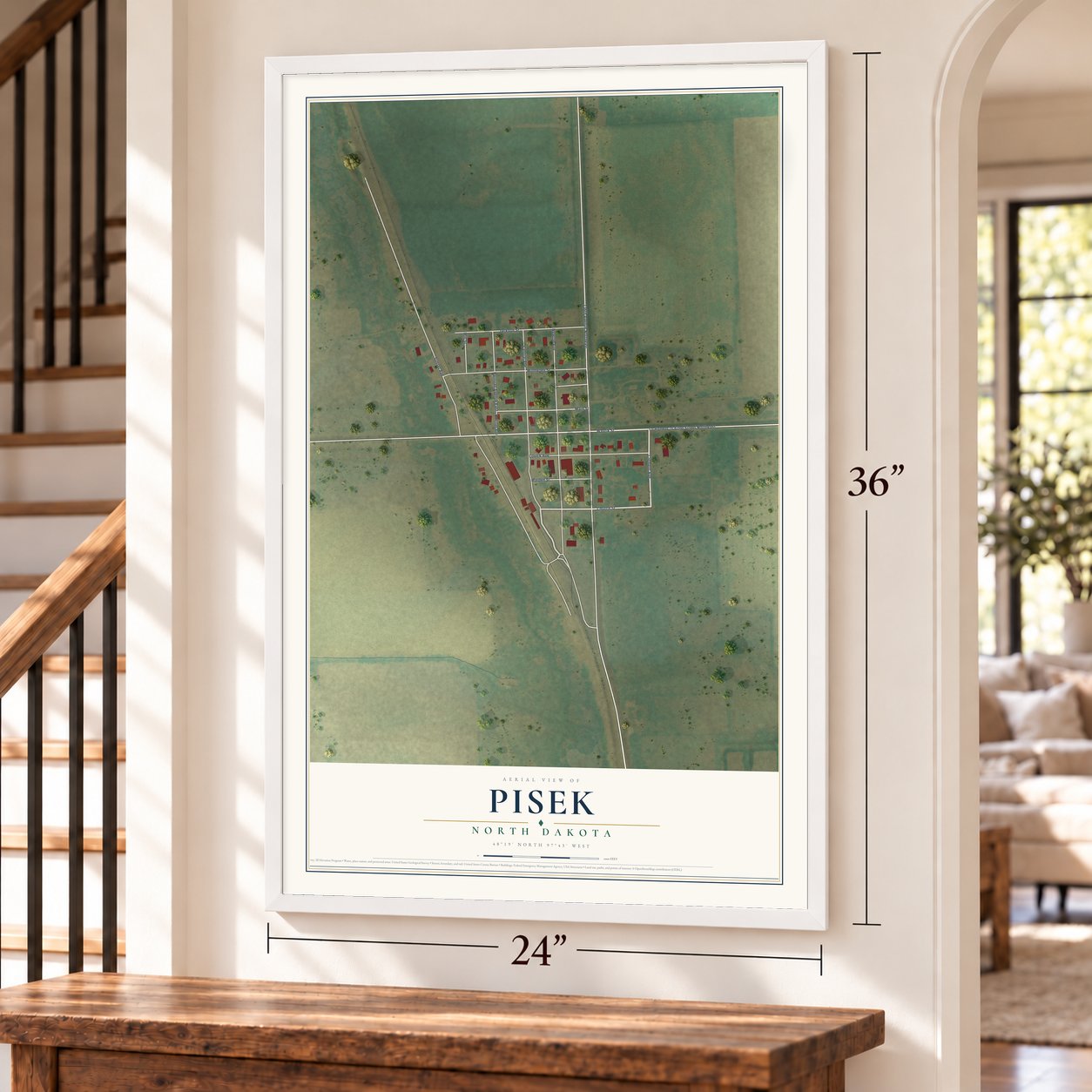 Pisek, North Dakota map, 24 x 36 inch print in a white frame by a staircase