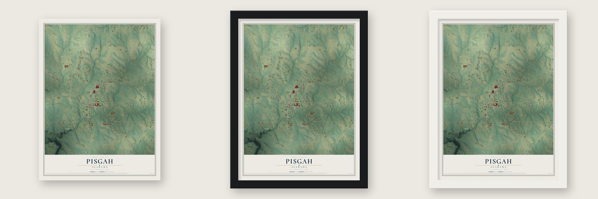 Pisgah, Alabama map unframed, in a black wood frame and in a white wood frame