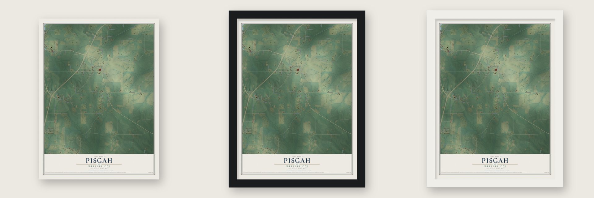 Pisgah, Mississippi map unframed, in a black wood frame and in a white wood frame