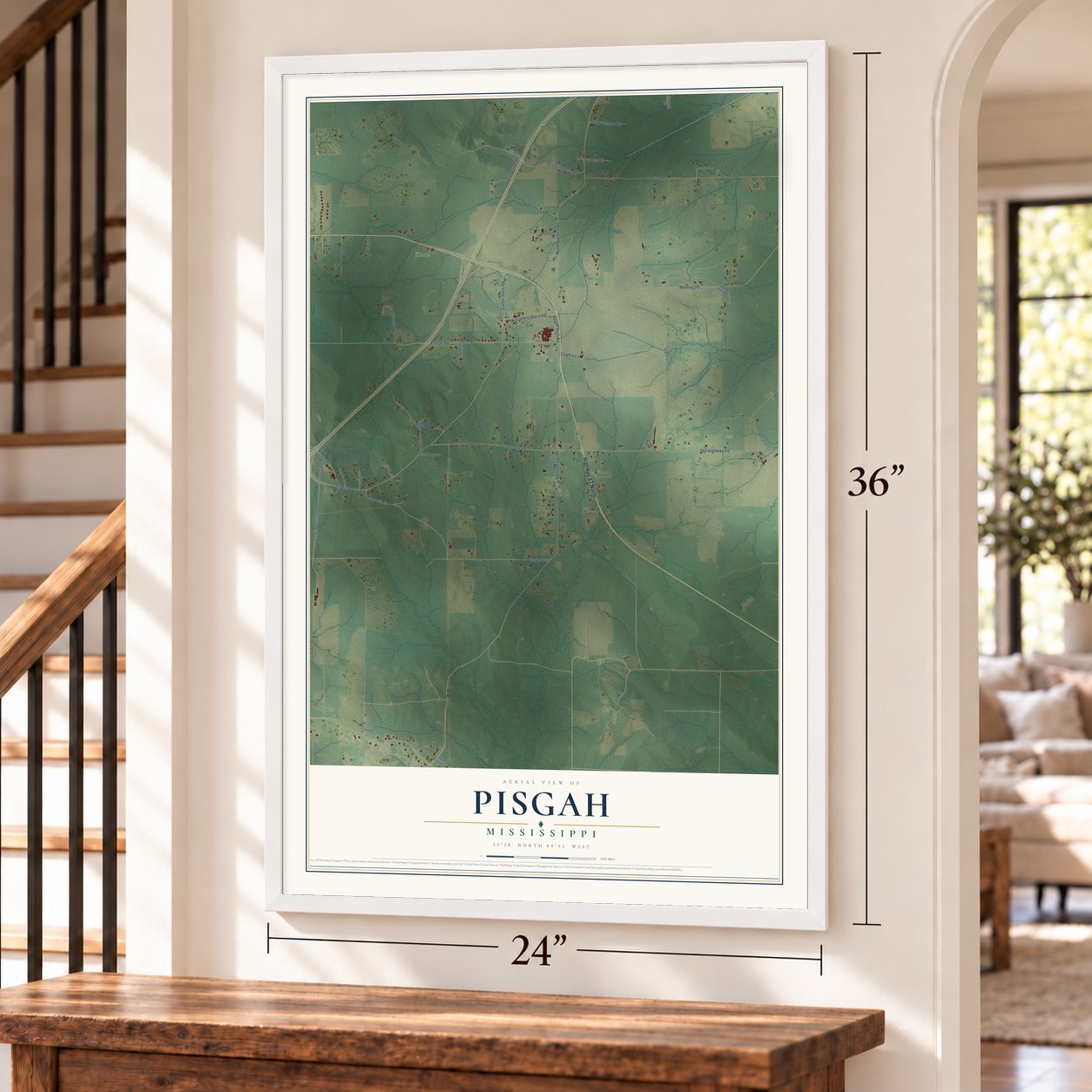 Pisgah, Mississippi map, 24 x 36 inch print in a white frame by a staircase