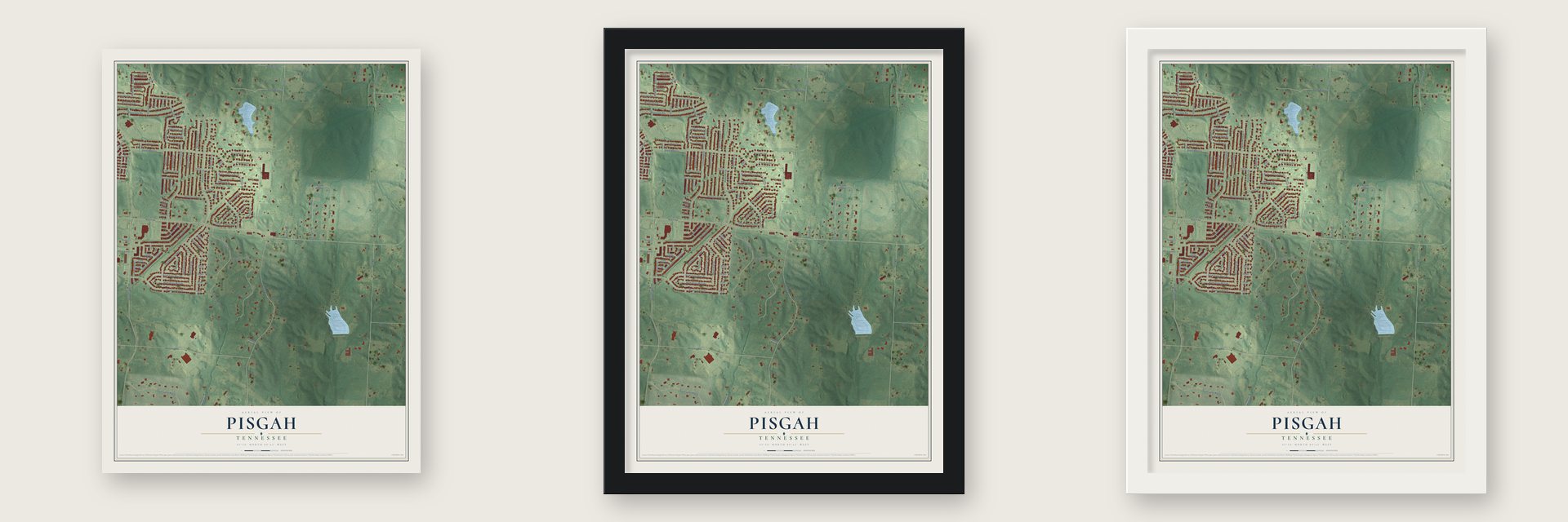 Pisgah, Tennessee map unframed, in a black wood frame and in a white wood frame