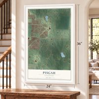 Pisgah, Tennessee map, 24 x 36 inch print in a white frame by a staircase