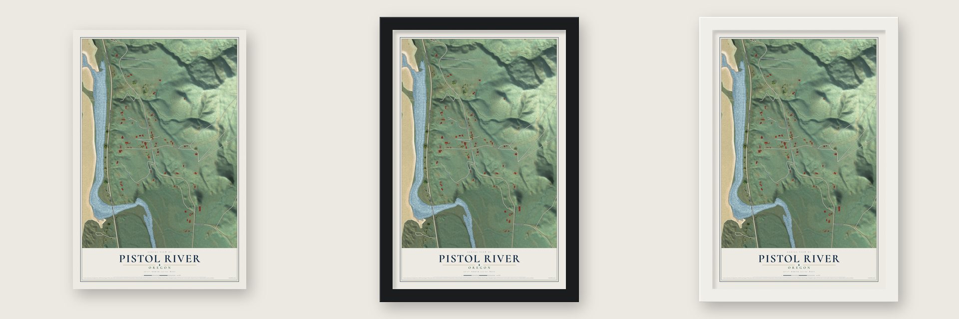 Pistol River, Oregon map unframed, in a black wood frame and in a white wood frame