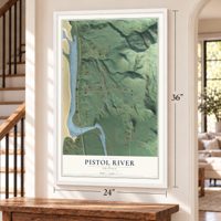 Pistol River, Oregon map, 24 x 36 inch print in a white frame by a staircase