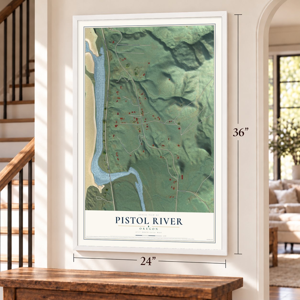Pistol River, Oregon map, 24 x 36 inch print in a white frame by a staircase