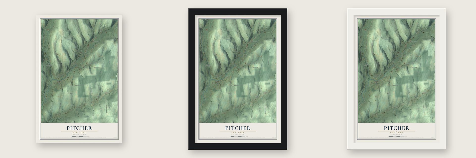 Pitcher, New York map unframed, in a black wood frame and in a white wood frame