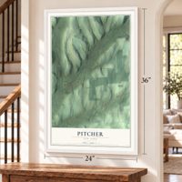 Pitcher, New York map, 24 x 36 inch print in a white frame by a staircase