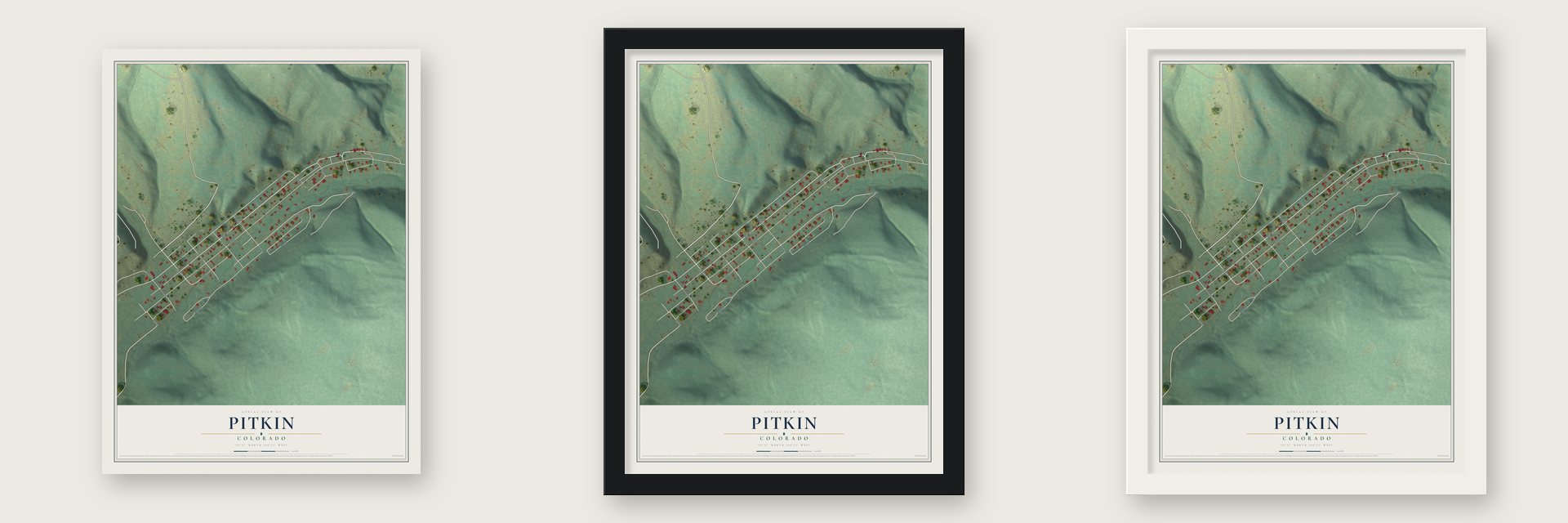 Pitkin, Colorado map unframed, in a black wood frame and in a white wood frame