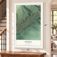 Pitkin, Colorado map, 24 x 36 inch print in a white frame by a staircase