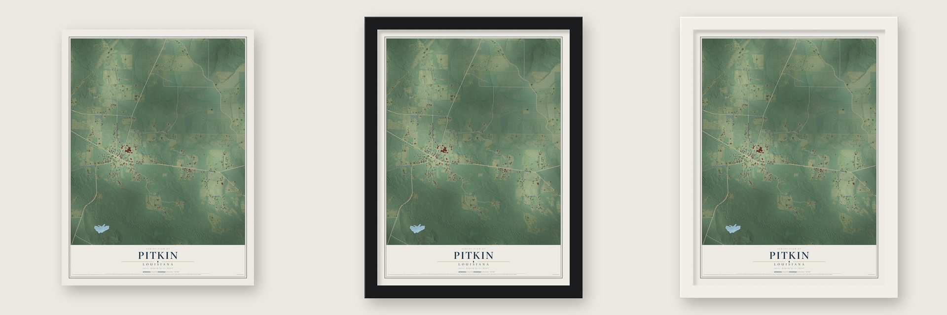 Pitkin, Louisiana map unframed, in a black wood frame and in a white wood frame