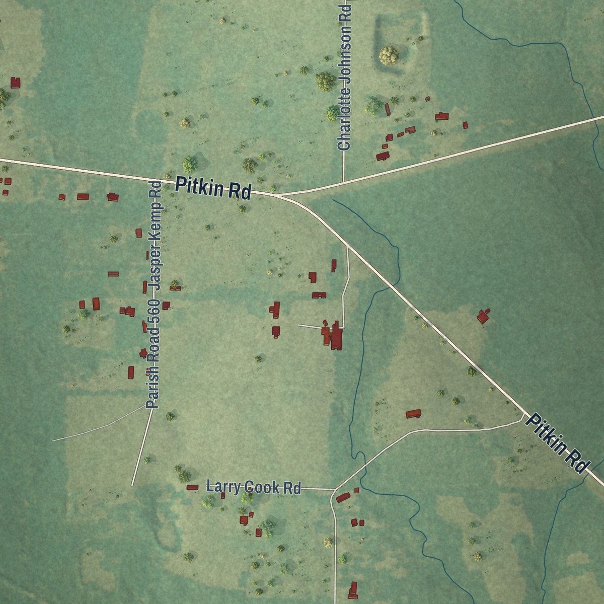 Second close-up of the map of Pitkin, Louisiana print showing more streets and buildings