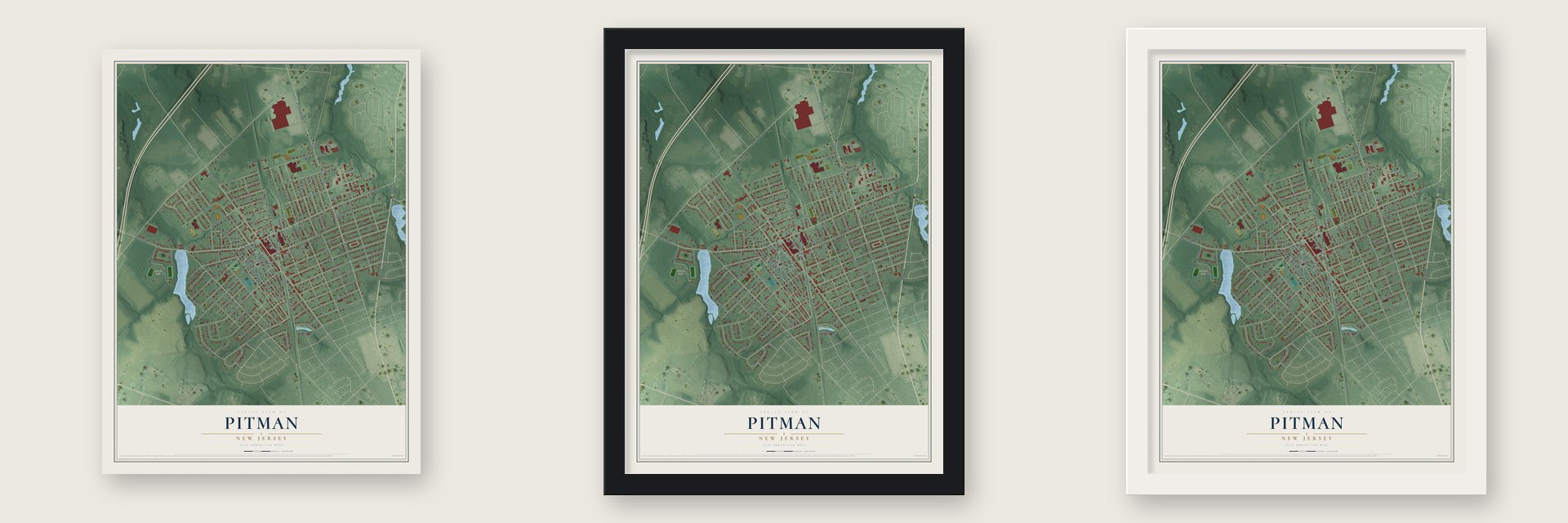 Pitman, New Jersey map unframed, in a black wood frame and in a white wood frame