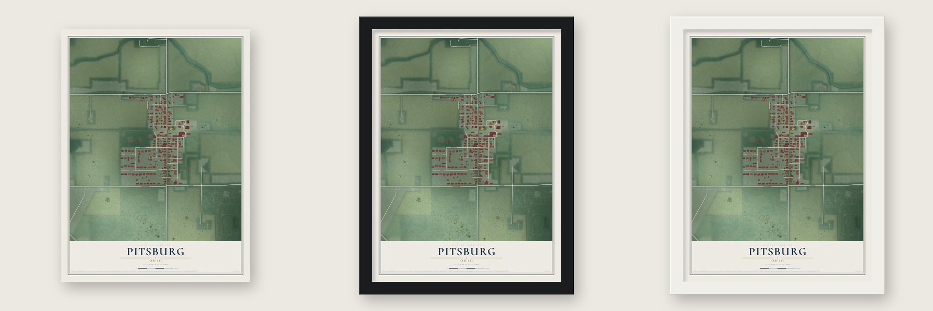 Pitsburg, Ohio map unframed, in a black wood frame and in a white wood frame