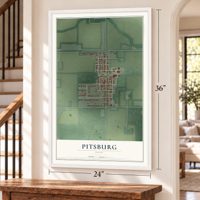 Pitsburg, Ohio map, 24 x 36 inch print in a white frame by a staircase