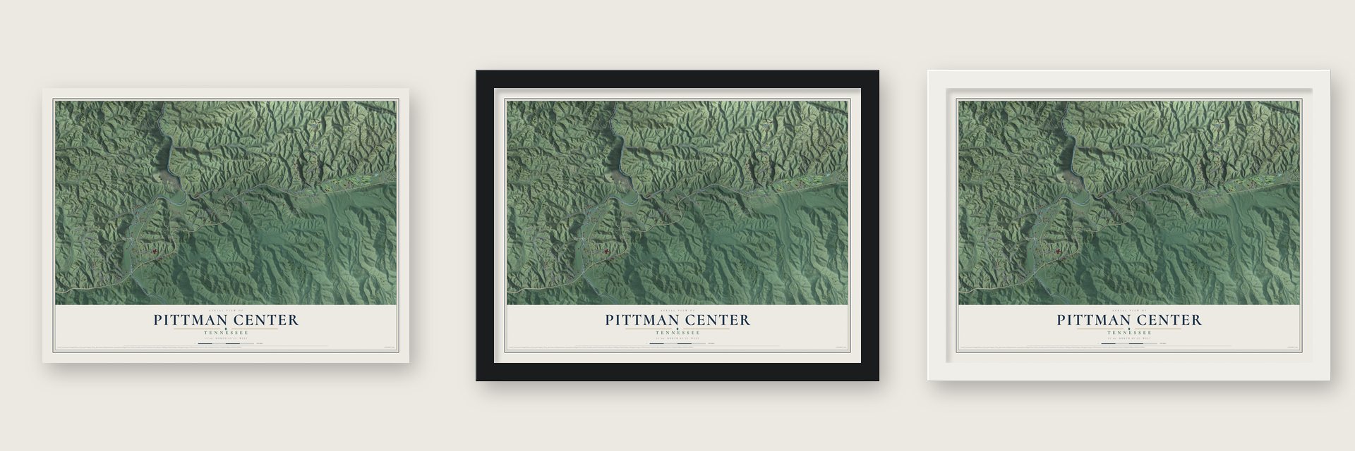 Pittman Center, Tennessee map unframed, in a black wood frame and in a white wood frame