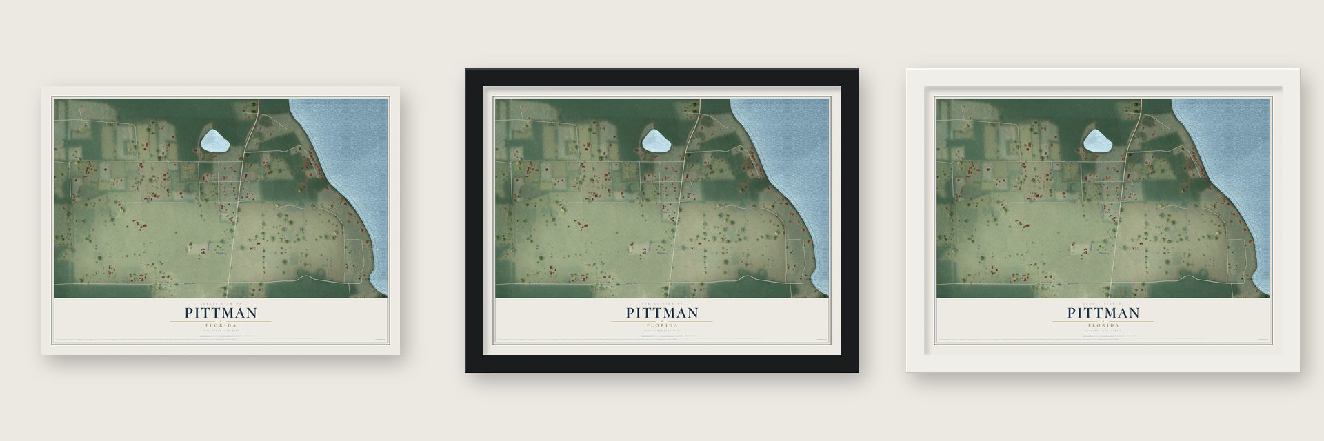 Pittman, Florida map unframed, in a black wood frame and in a white wood frame