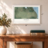 Pittman, Florida map, 12 x 18 inch print in a white frame in an entryway