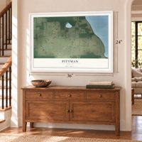 Pittman, Florida map, 24 x 36 inch print in a white frame above a dresser by a staircase