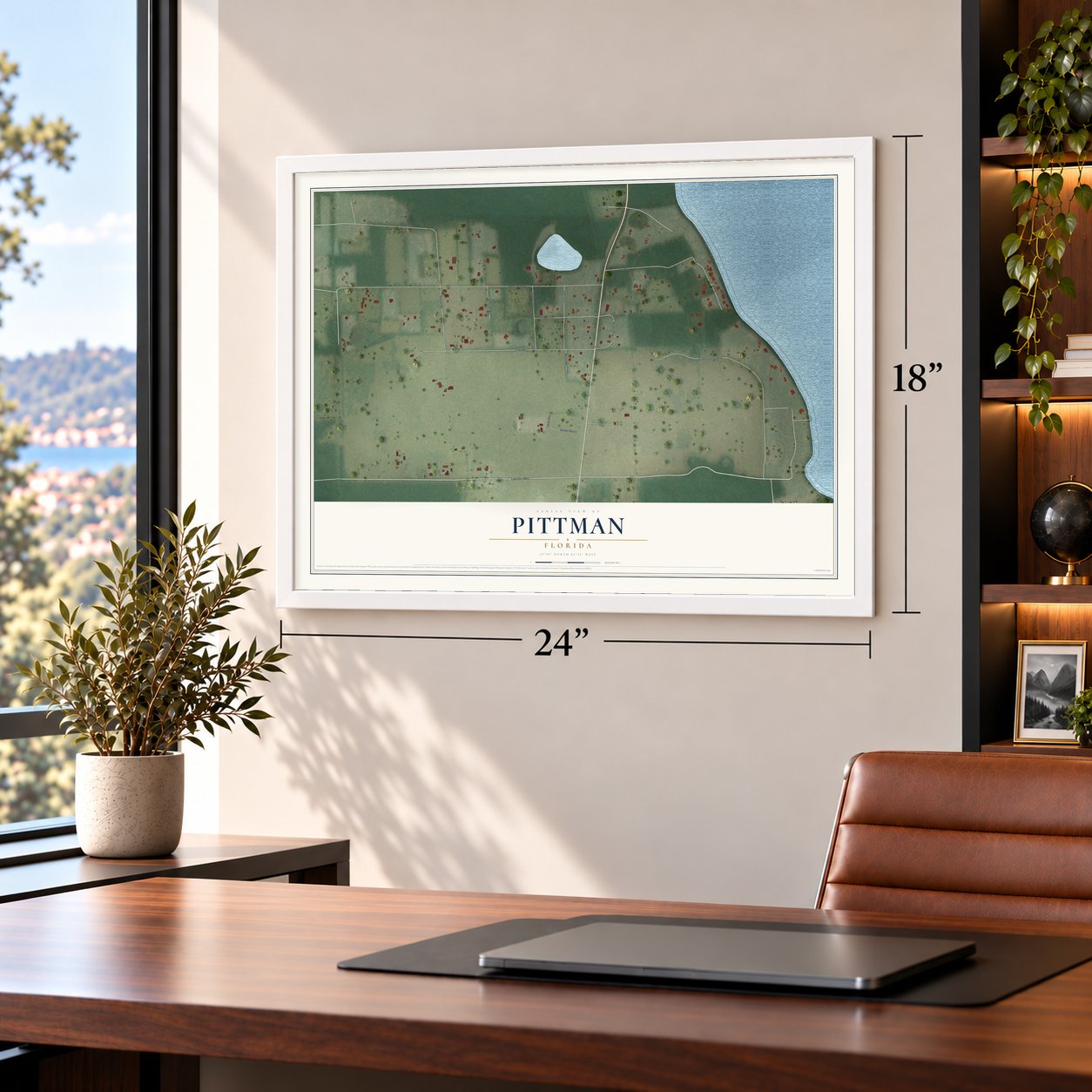 Pittman, Florida map, 18 x 24 inch print in a white frame in a home office