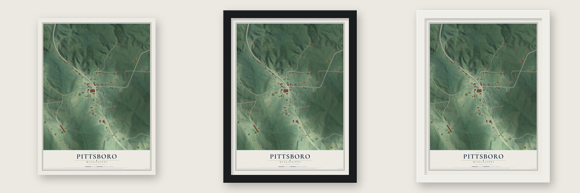 Pittsboro, Mississippi map unframed, in a black wood frame and in a white wood frame