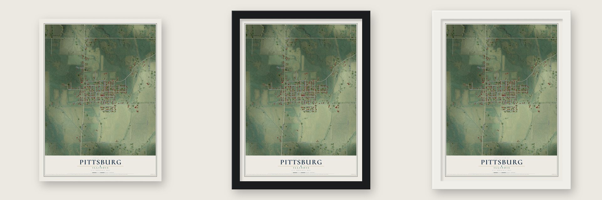 Pittsburg, Illinois map unframed, in a black wood frame and in a white wood frame