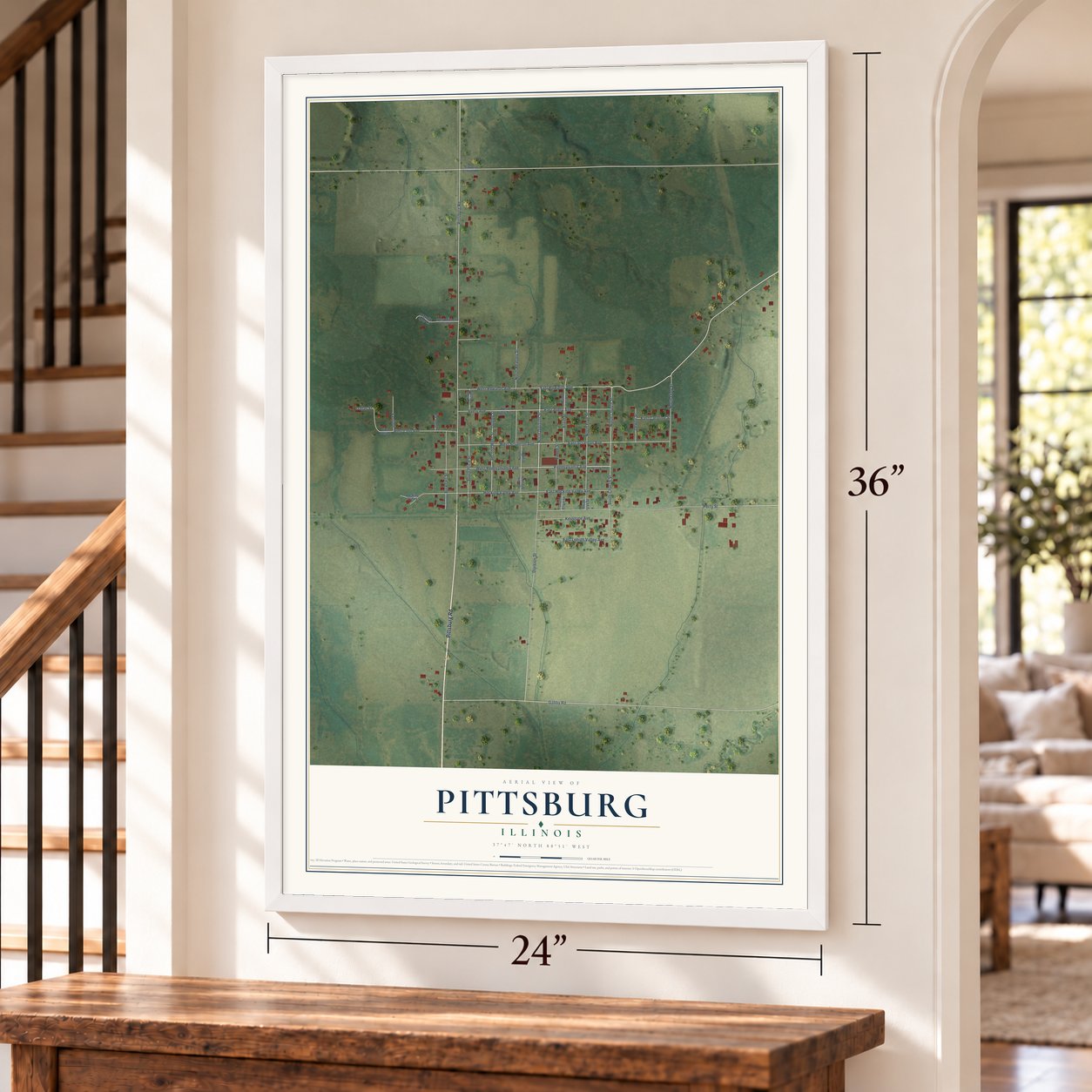 Pittsburg, Illinois map, 24 x 36 inch print in a white frame by a staircase