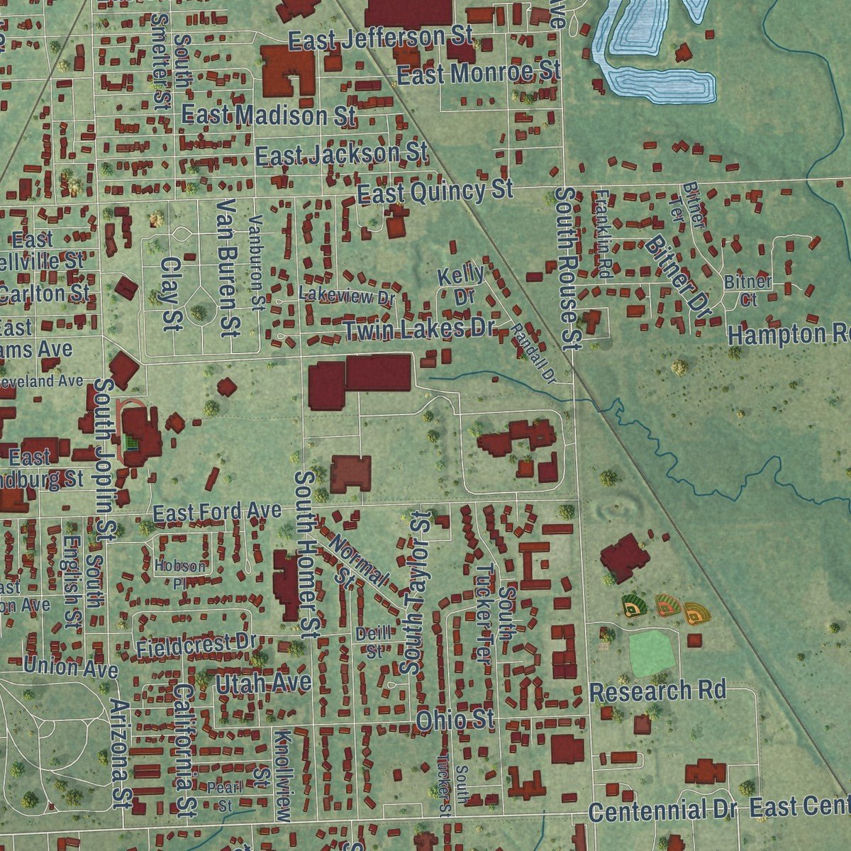 Second close-up of the map of Pittsburg, Kansas print showing more streets and buildings