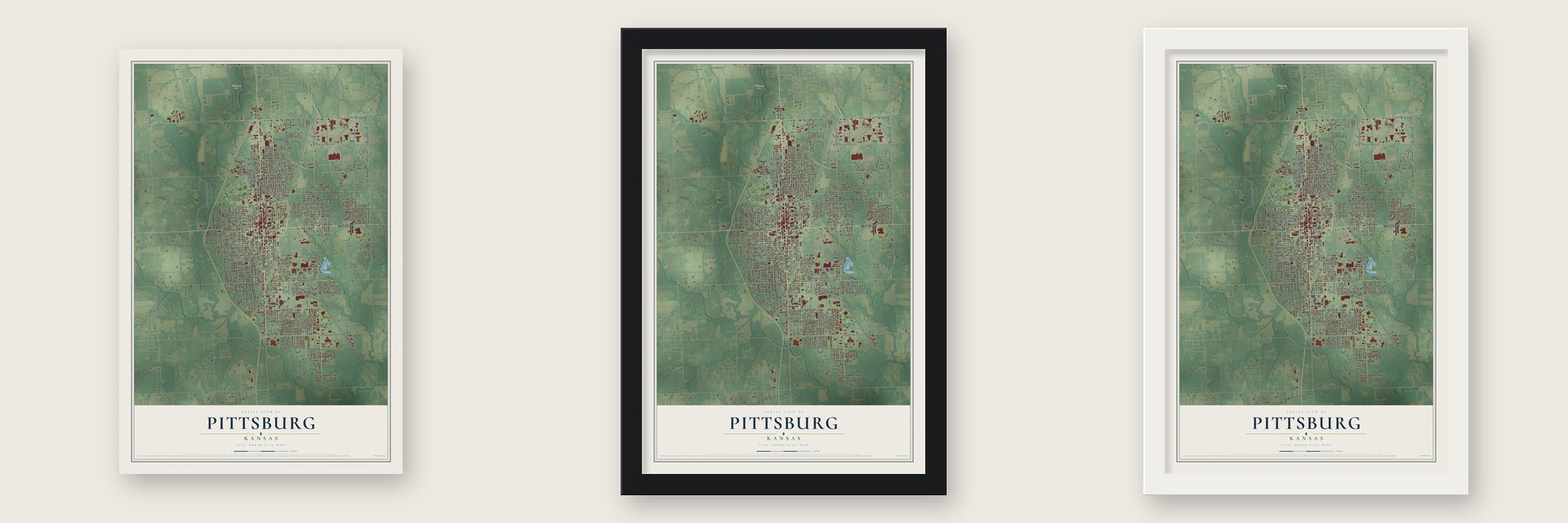 Pittsburg, Kansas map unframed, in a black wood frame and in a white wood frame