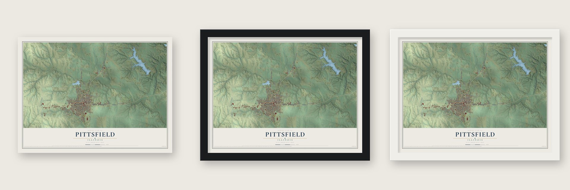 Pittsfield, Illinois map unframed, in a black wood frame and in a white wood frame